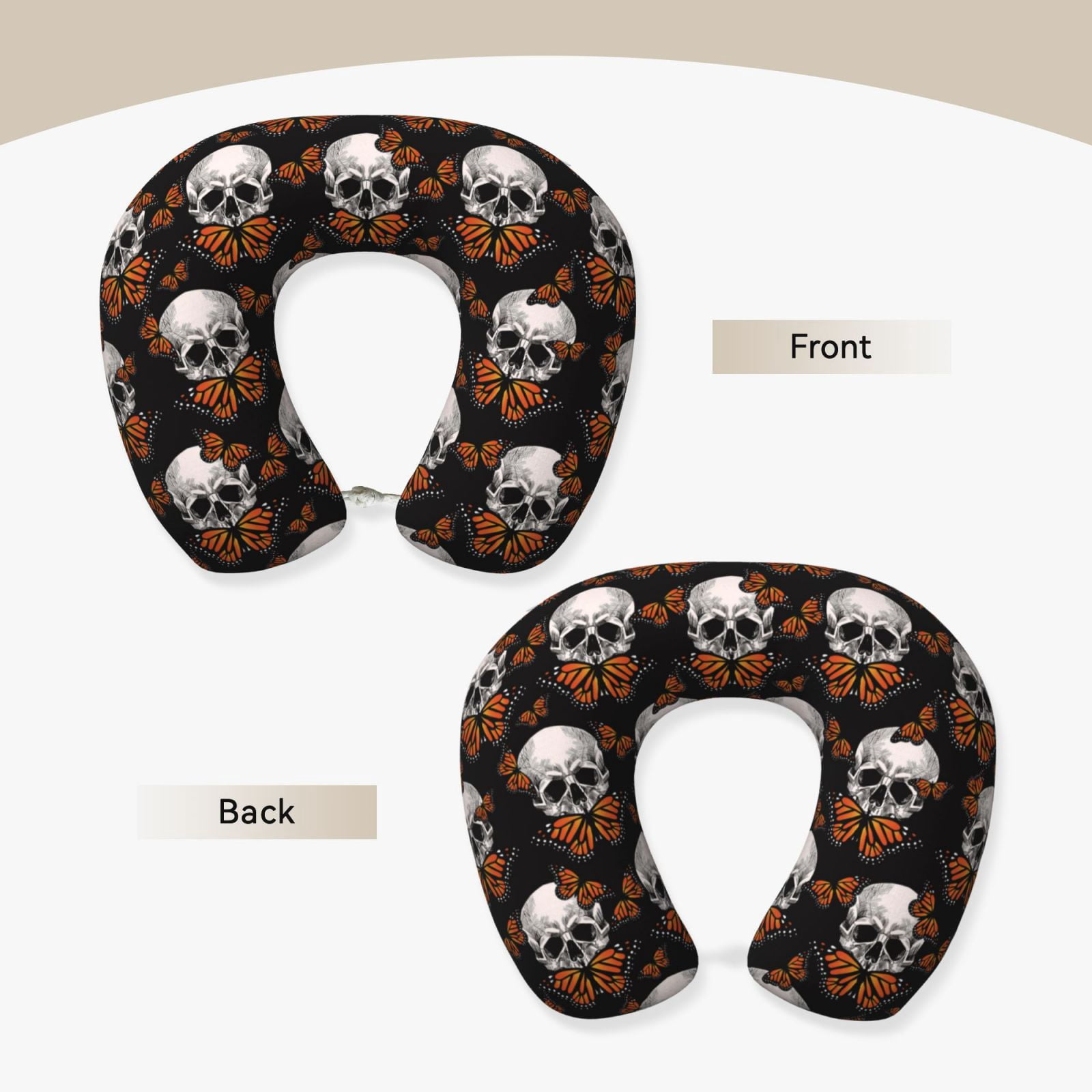 Xecao Butterfly Skull Print Memory Foam Cervical Neck Pillow Versatile U-Shaped Pillows for Home,Office,Camping,Travelling,Soft Washable Cover