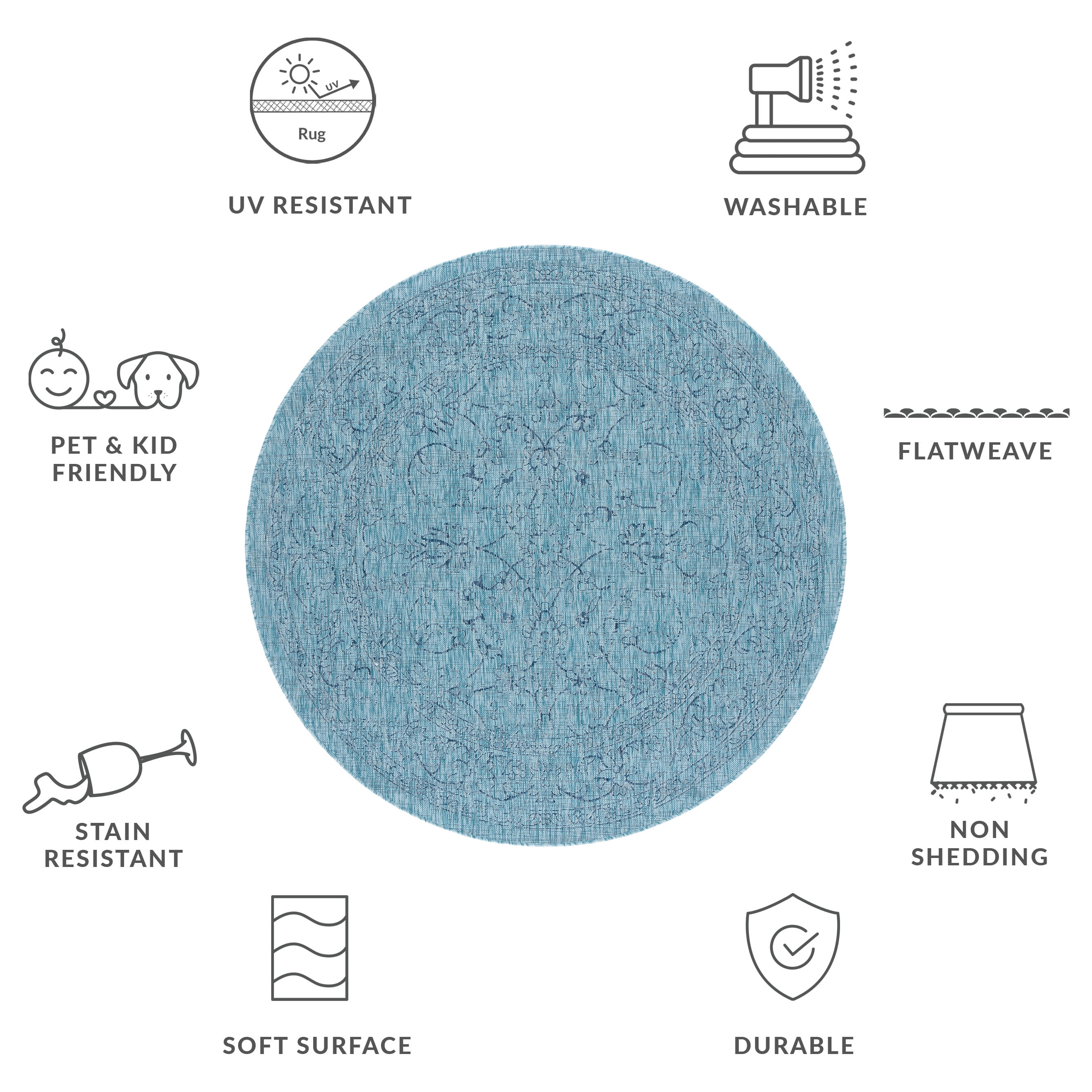 SAFAVIEH Courtyard Darin Botanical Indoor/Outdoor Area Rug, Aqua/Navy, 6'7" x 6'7" Round