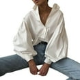 thumbnail image 2 of Women's solid color shirts, lapel lantern sleeve button-down shirts, spring and autumn tops for daily wear-3-L, 2 of 7