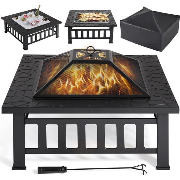 Miemie 34in Fire Pit Table Outdoor Wood Fire Pits Fire Pits for Outside Patio Square Steel Stove with Mesh Screen, Waterproof Cover & Poker for Bonfire Camping
