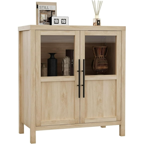 Off-white Sideboard Buffet Cabinet with Two Glass Doors Compact Modern Farmhouse Storage Natural