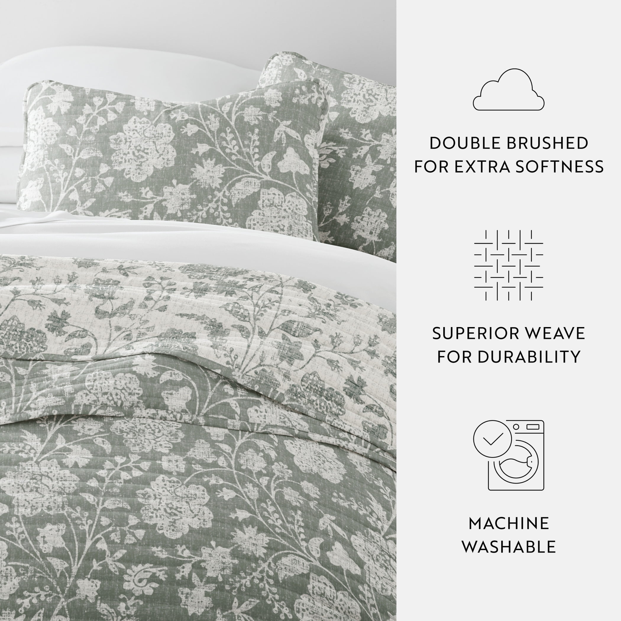 Noble Linens 3-Piece Eucalyptus Textured Floral Reversible Quilt Set, Queen