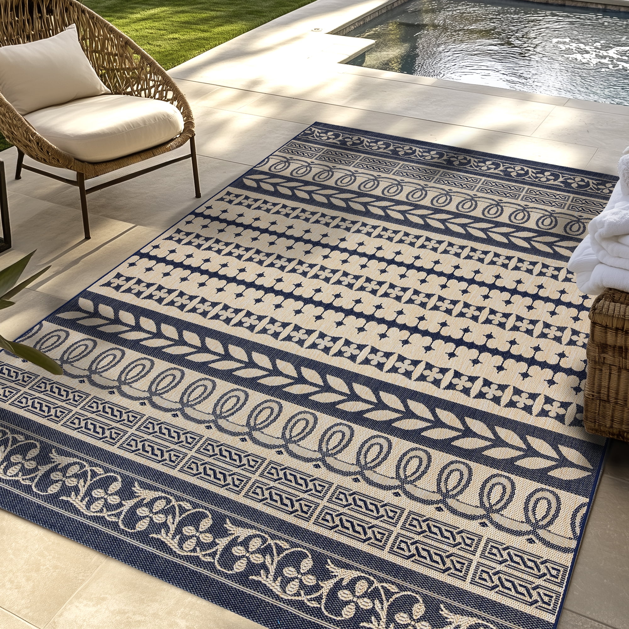 Gertmenian Paseo Burke Stripe Bohemian Striped Sand/ Navy Area Rug, 9x13
