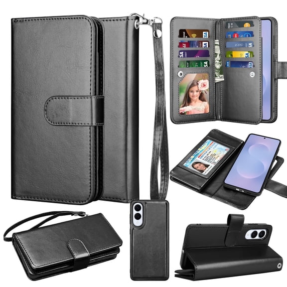 Njjex For Samsung Galaxy S25 Edge Wallet Case, Luxury PU Leather [9 Card Slots] Folio Cover with Detachable Magnetic Hard Case   Kickstand & Wrist Strap - Marble
