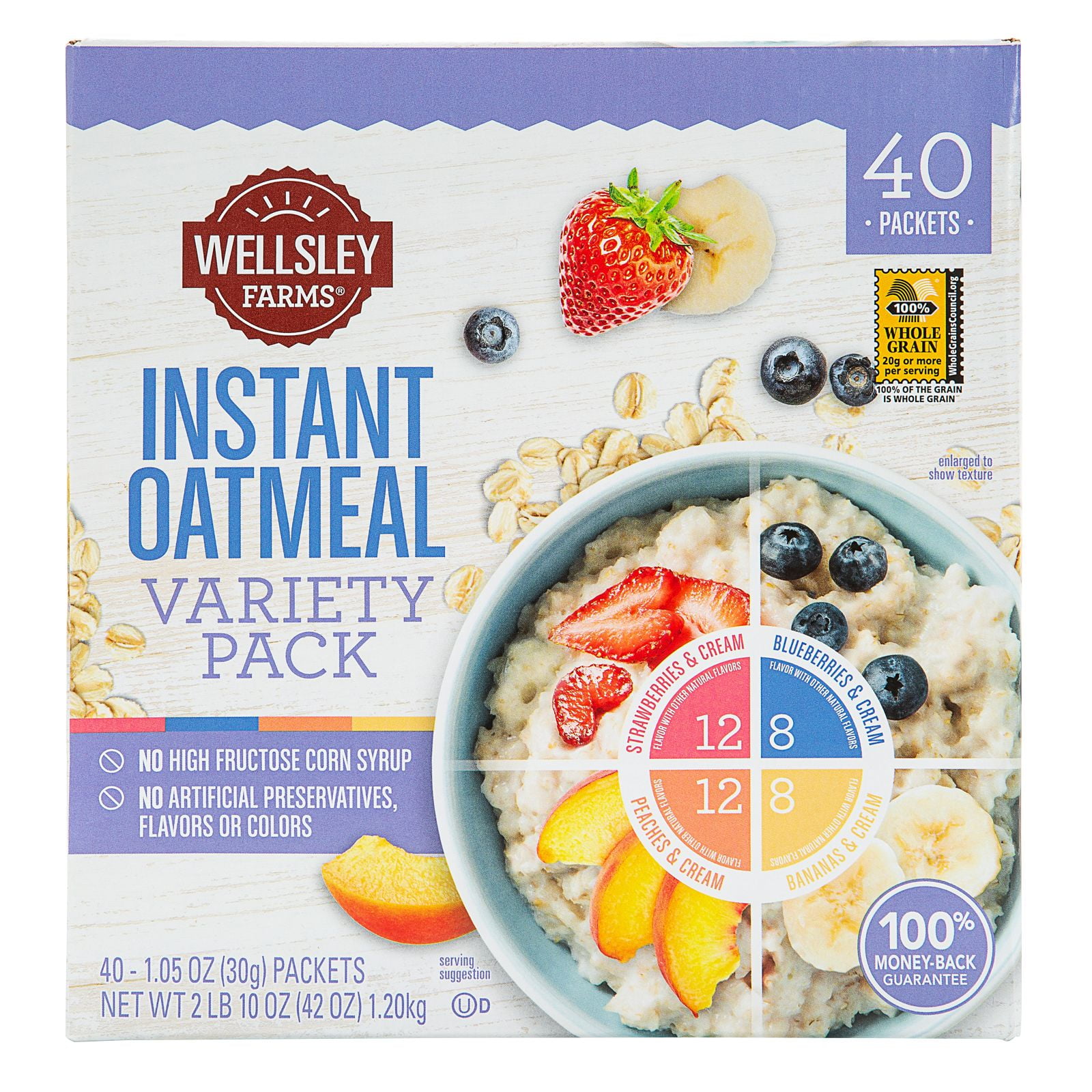 Wellsley Farms Fruit and Cream Variety Pack Instant Oatmeal, 40 Ct. 40 oz. Net Quantity