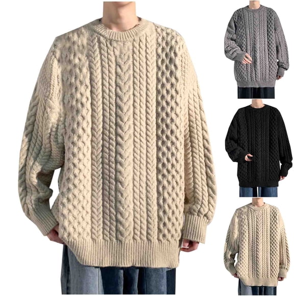 UVEASISHA Cable Knit Sweaters for Men Loose Fit Casual Crewneck Knitted Jumper Tops Soft Comfy Pullover Sweater 2025 Fashion Fall Winter Clothes Christmas Sales Today Gray XL