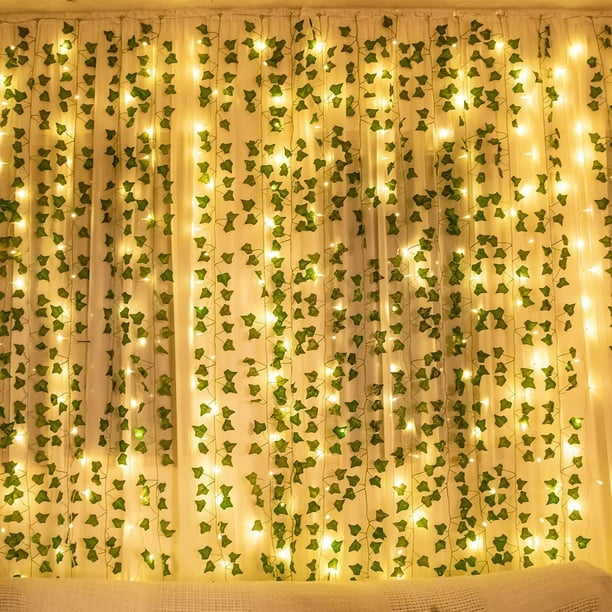 Lot de 12 feuilles de lierre artificielles avec 100 lumières LED étanches,  fausses plantes en soie, guirlande suspendue, verdure, chambre à coucher,  mariage, décoration murale 