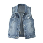 YM YOUMU Women Denim Vest Button Up Sleeveless Jean Jacket Waistcoat Tops