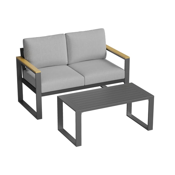 Modern Aluminum Patio Loveseat and Coffee Table Set All Weather Outdoor Furniture with Thick Washable Cushions for Balcony Garden Deck Backyard Beige