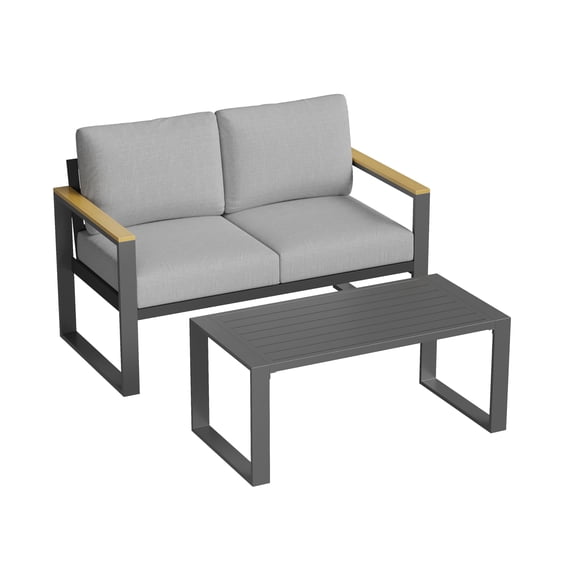 Set de Loveseat y Mesa de Café de Aluminio – Cojines Gruesos Lavables – Resistente a la Herrumbre – Fácil Montaje – Balcón y Jardín