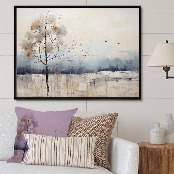 Designart "Tranquil Minimalism In Beige And Blue Countryside II" Countryside Floater Framed Wall Art Living Room