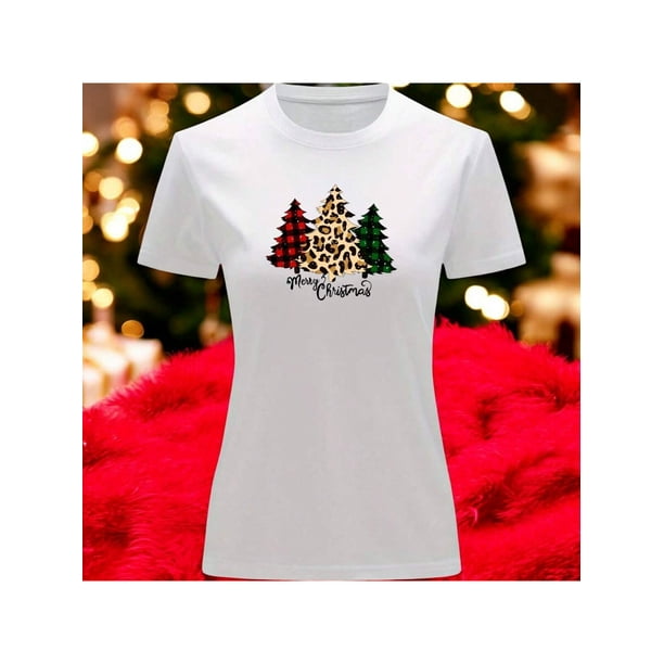 Playera Blusa Con estampado de Pinos De Navidad Merry Christmas Color Blanco Talla Grande Marca Emil SaEs