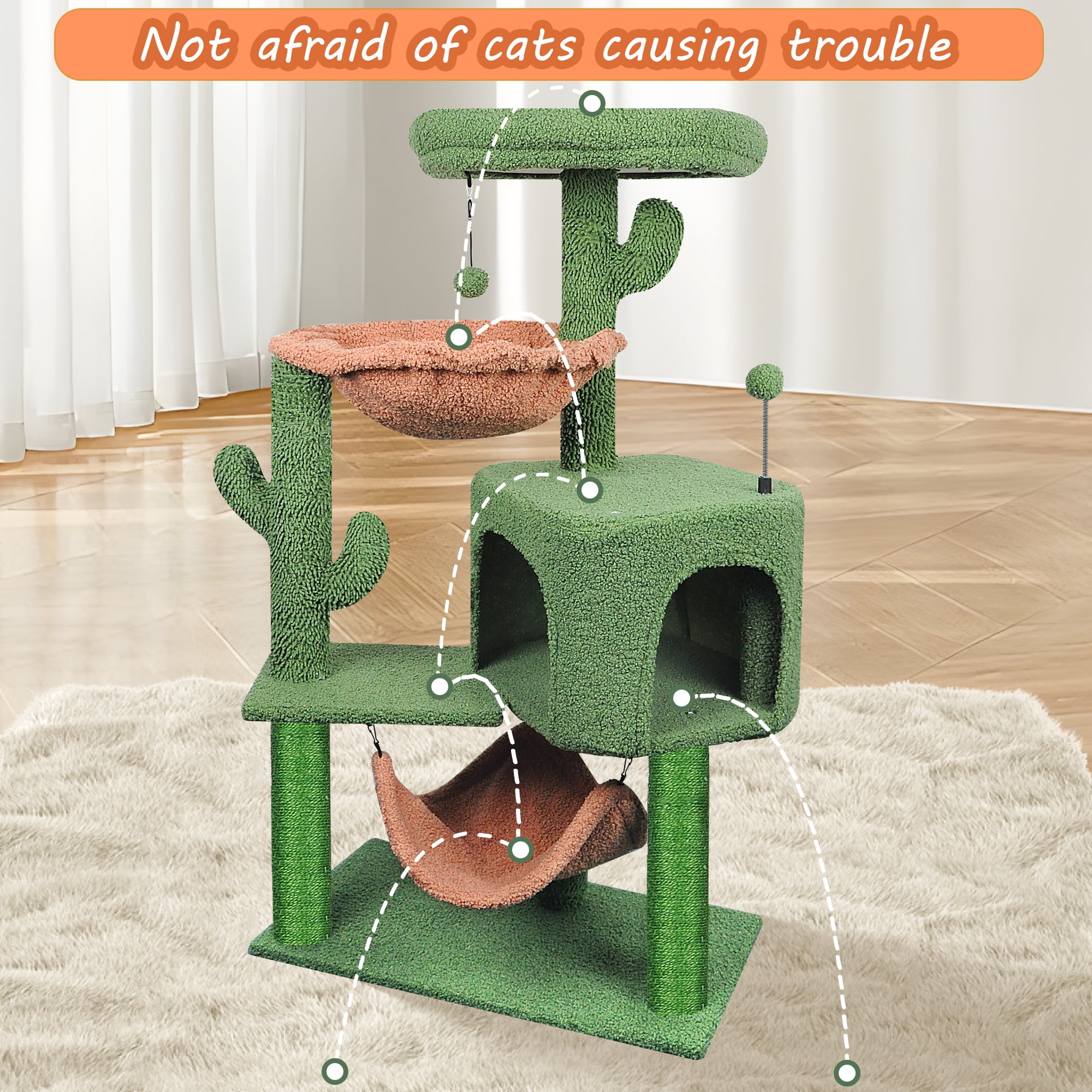 AIWIKIDE 39.37 inch Cactus Cat Tree Tower with Condo and Big Hammock for Indoor Small Cats, Green