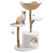 Yiwa Boho Aesthetic Real Wood Cat Tree, Indoor Cat Tower with Scratching Post, Bed & Wicker Condo for Cats