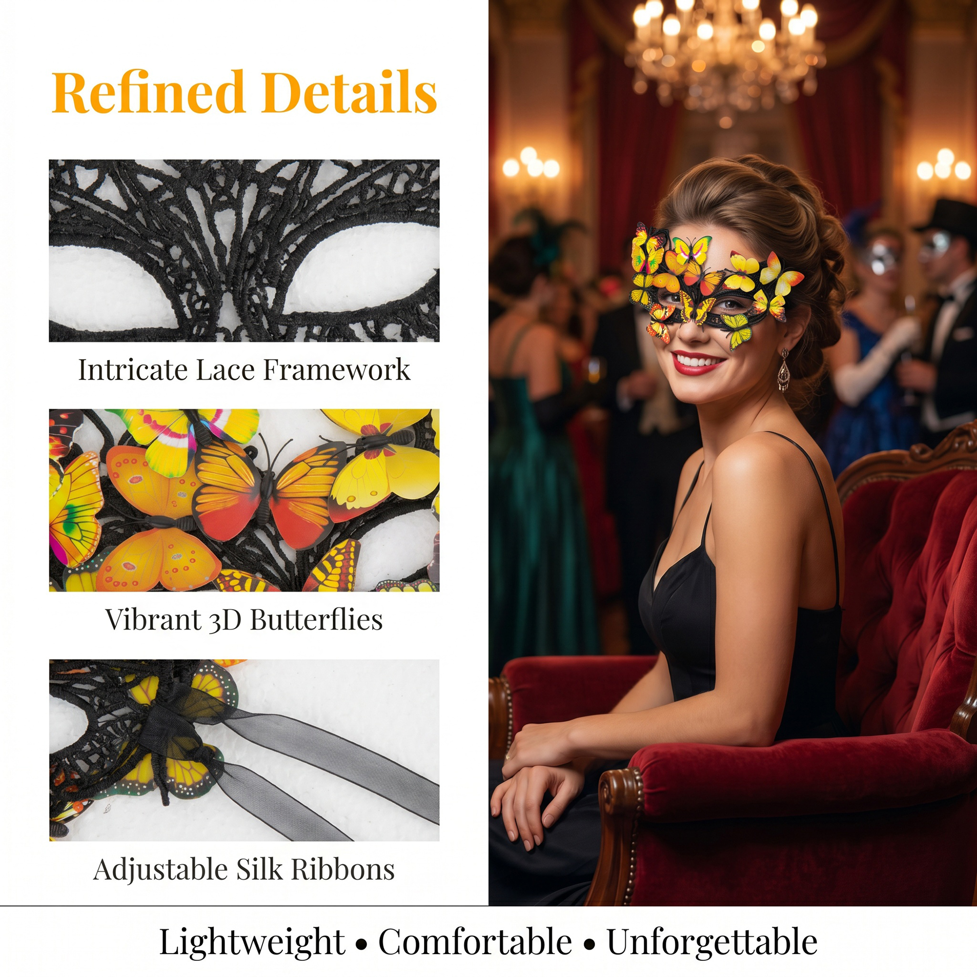 Unique Bargains Butterfly Masquerade Venetian Mask for Costume Party Yellow 9.8" x 7.1"