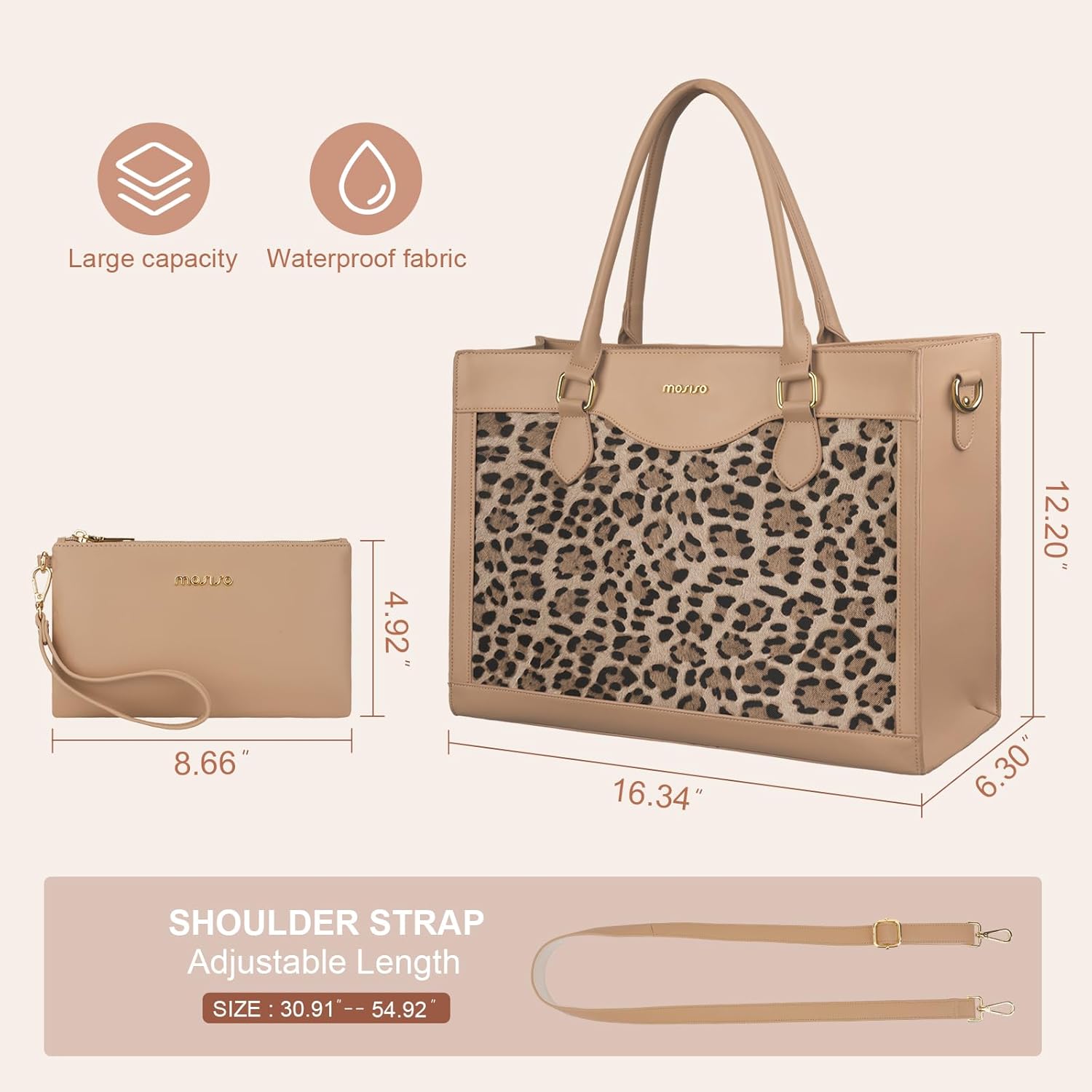 MOSISO Laptop Tote Bag for Women,15.6 inch PU Leather Leopard Grain Business Office Work Briefcase