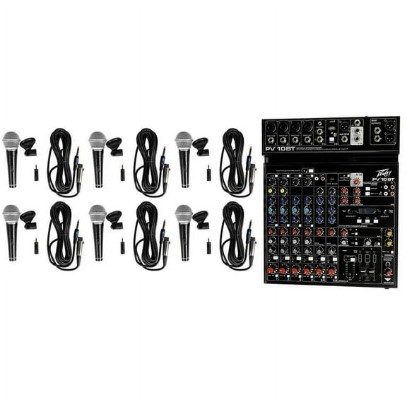 Peavey PV 10 AT 10 Channel Compact Mixing Mixer Console with Bluetooth Auto-Tune pitch correction  6 Samson Mics