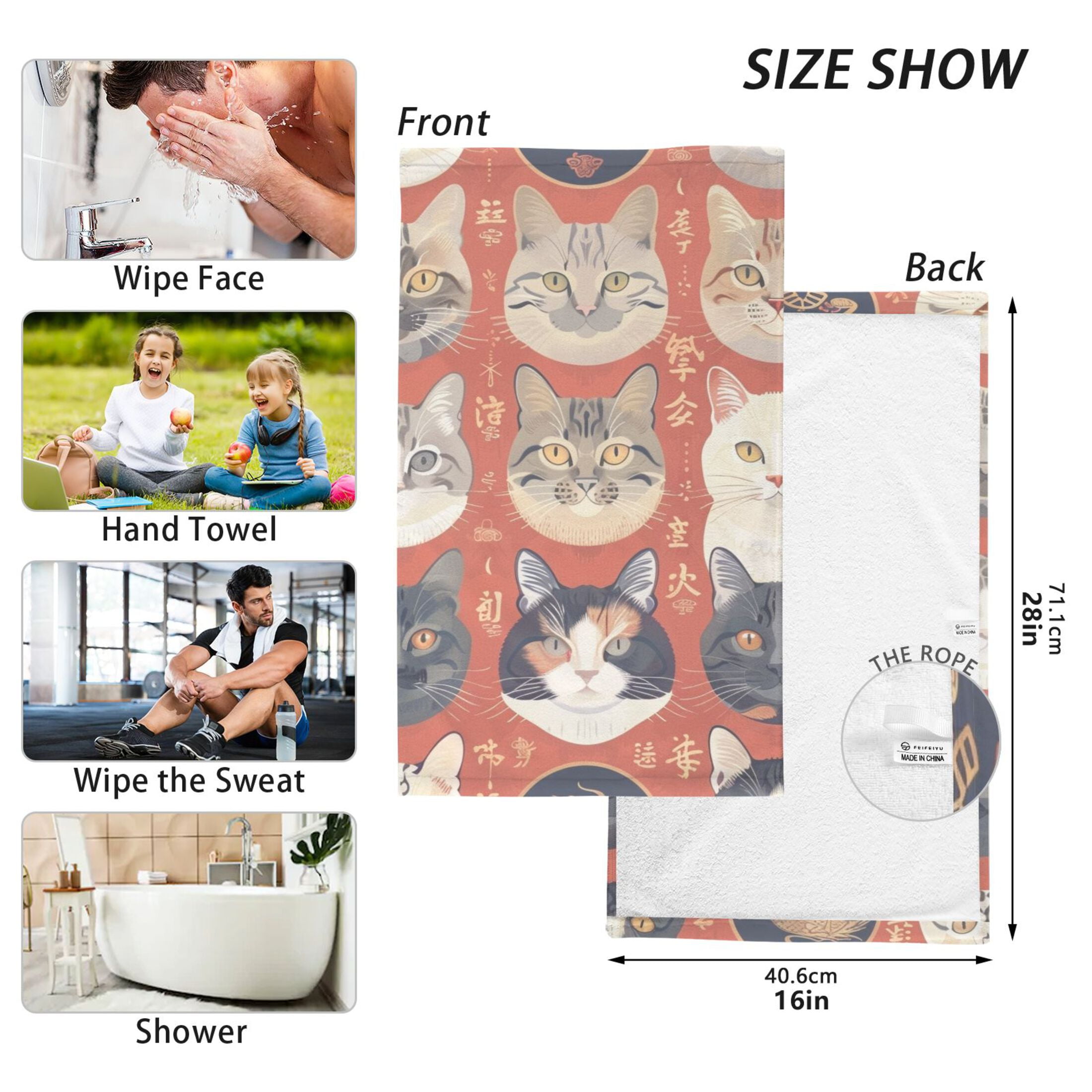Cats Face 2 Pcs Hand Towel Set Cotton Absorbent Soft Face Towels Bath Towels for Bathroom Kitchen Shower Hotel Decor 16"x28"