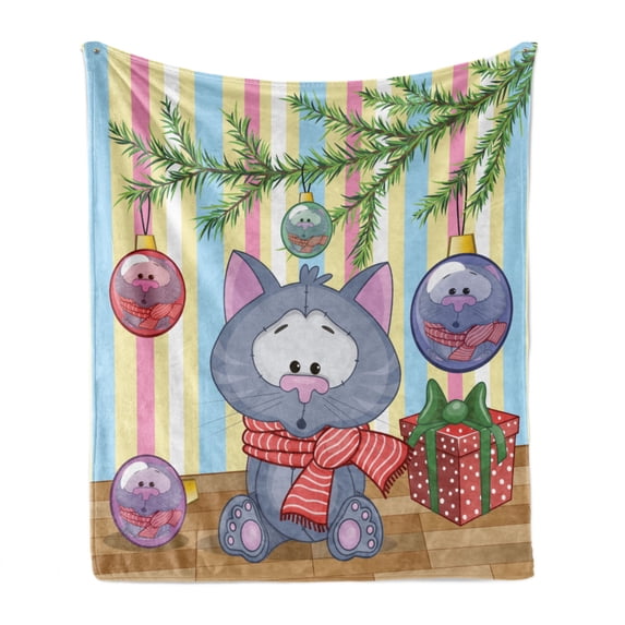 Christmas Soft Flannel Fleece Throw Blanket, Kitten with Scarf Under the Tree with Ball Celebration and Gift Box Cat Themed, Cozy Plush for Indoor and Outdoor Use, 50" x 70", Multicolor, by Ambesonne