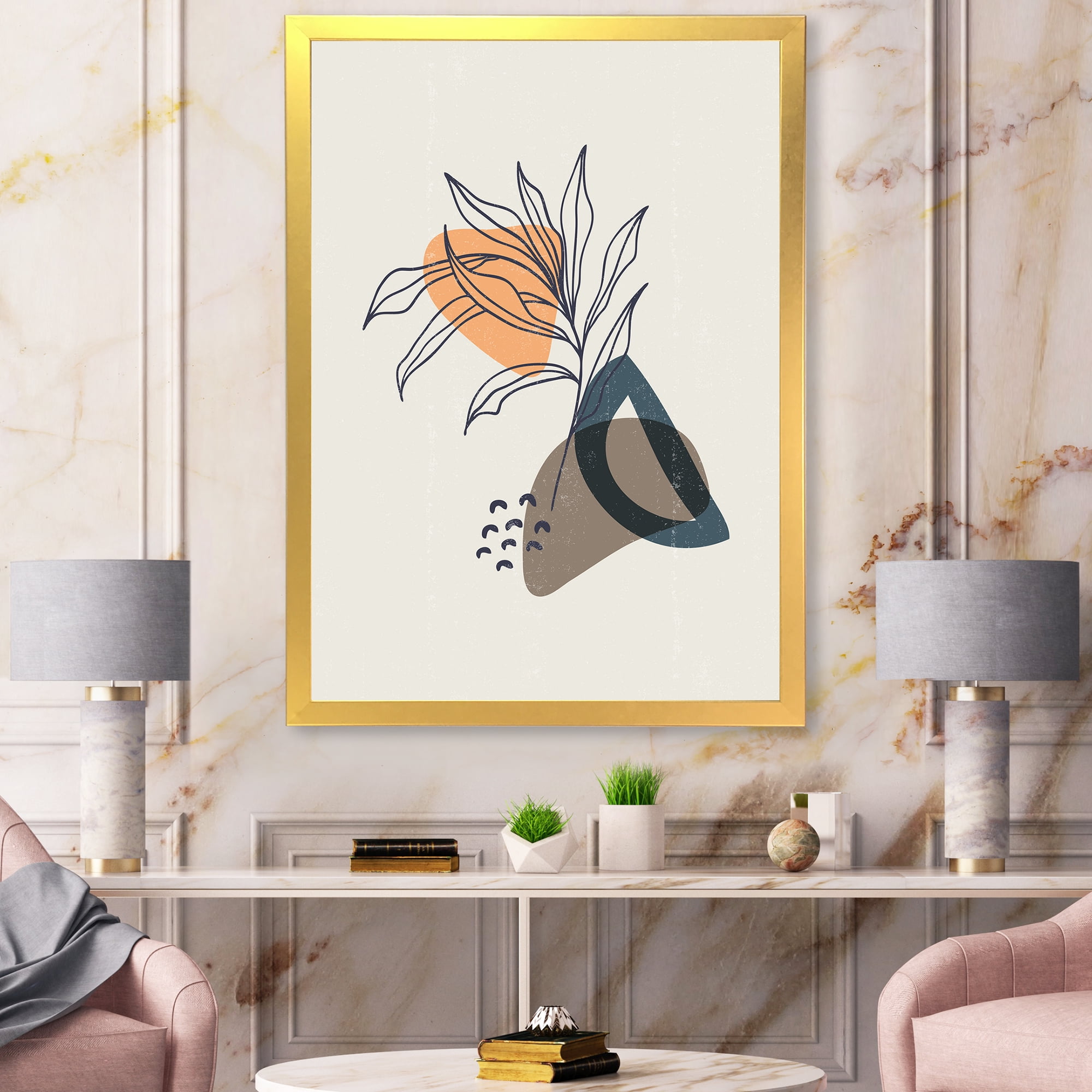 Designart 'Minimalist Shapes With Ancient Plant I' Modern Framed Art Print