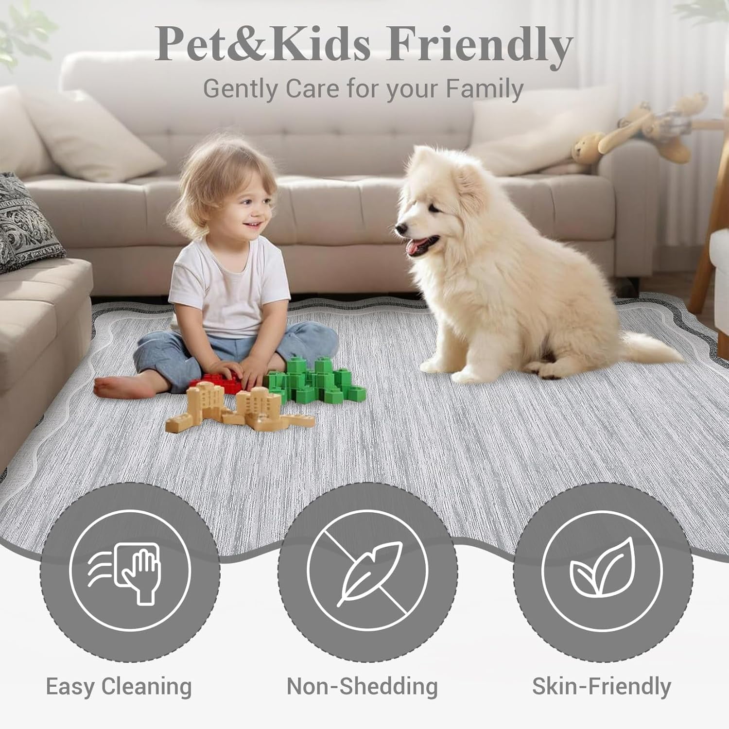 Living Room Rug 8x10 Modern Plain Carpet Washable Area Rug Stain Resistant Easy to Clean Carpet Non Slip Low Pile Floor Cover for Bedroom Playroom Nursery Apatrtment,Grey