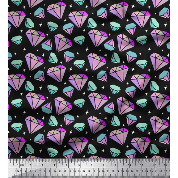 Soimoi Black Poly Georgette Fabric Star & Diamond Geometric Printed Fabric 1 Yard 42 Inch Wide