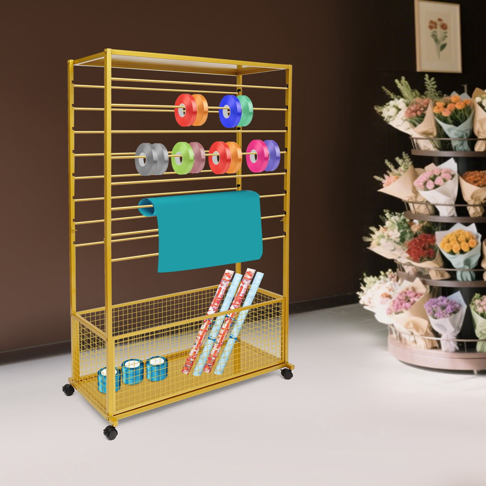 1 PCS Gold Double-Sided 16 Tier Ribbon Rack, Ribbon Holder, Storage Shelf For Ribbon,Wrapping Paper