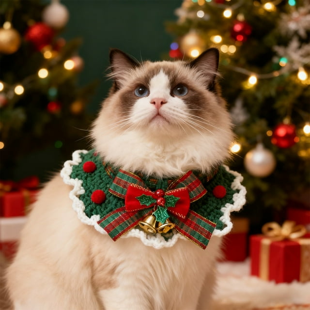 Collar Navideño con Adorno para Perros y Gatos | Lazo Rojo de Algodón Suave Tejido a Mano con Cascabeles Dorados | Bufanda Festiva Ajustable para Cachorros, Gatitos, Conejos y Mascotas Pequeñas