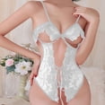 thumbnail image 2 of JSGEK Women Floral Lace Cutout Bodysuit Front Tie Up Strappy Lingerie for Special Date Night White S, 2 of 4