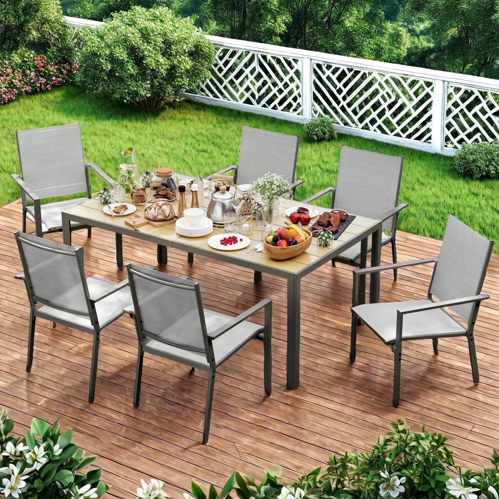 Lofka 7-Piece Outdoor Patio Dining Set ,Patio Conversation Set with 1 Metal Steel Table and 6 Textilene Chairs for Courtyard, Backyard, Pool,Gray