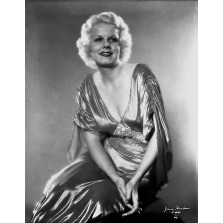 - Jean Harlow Posed in Draped Sleeve V-Neck Silk Long Dress with Hands Together Photo Print