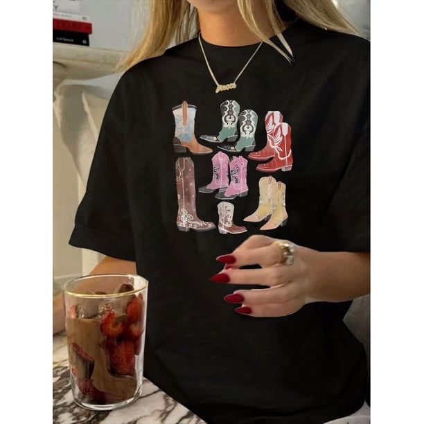 Women's Vintage-Inspired Geometric Print T-Shirt - Casual Crew Neck, Short Sleeve, Breathable Polyester, Machine Washable - Perfect for Spring & Summer