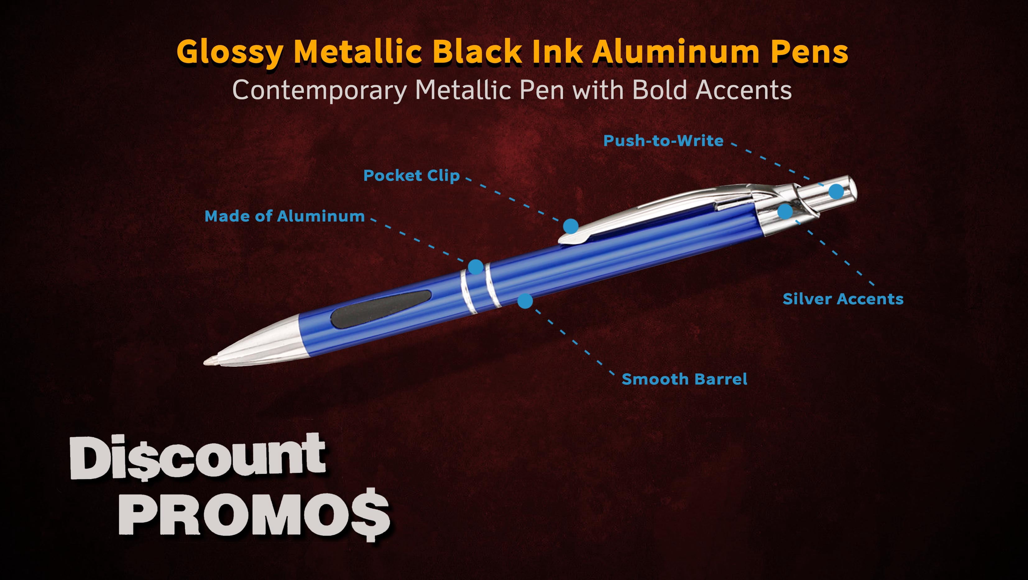 10 Black Ink Metal Pens Pack - Ballpoint, Retractable, Silver accents - Blue