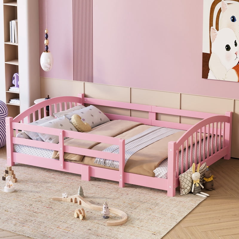 Mirightone Wood Full Floor Bed with Safety Guardrails, Full Montessori Bed Frame with Slats, No Box Spring Needed - Pink