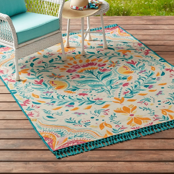 The Pioneer Woman, Cream Colored, Folk Geo Outdoor Rug, 5' x 7