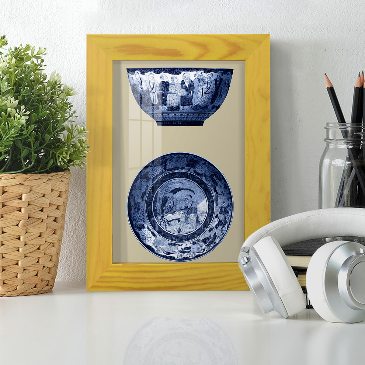 Porcelain in Blue and White II -Framed Print w/glass-Sunflower Yellow