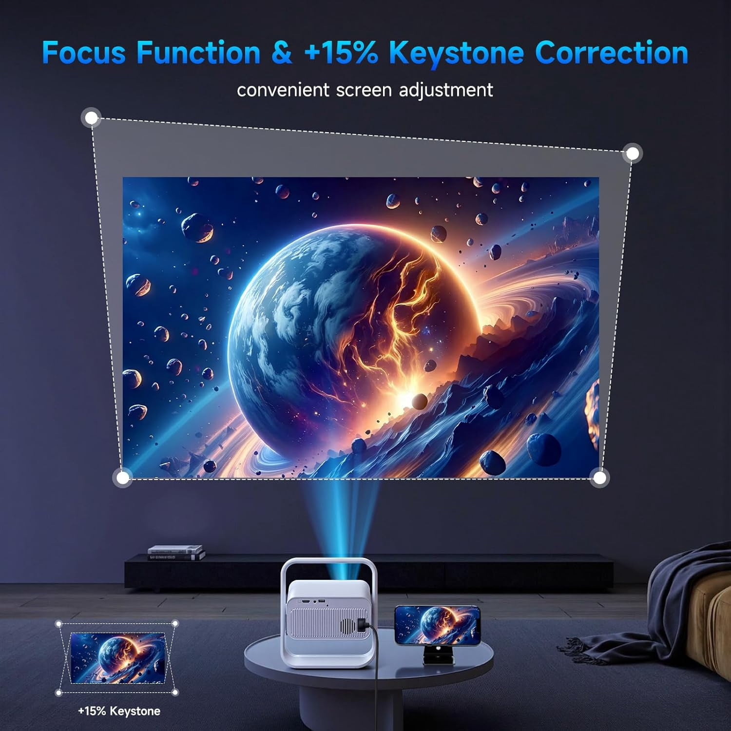 Projector with Electric  &  Correction, 1080P 4K Supported Android 12.0 Dual-Band WiFi  USB Portable for Bedroom Outdoor Home Theater Gaming S106