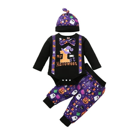 

Caitzr Babies Halloween Printed Pattern Long Sleeve Romper Pants and Cap