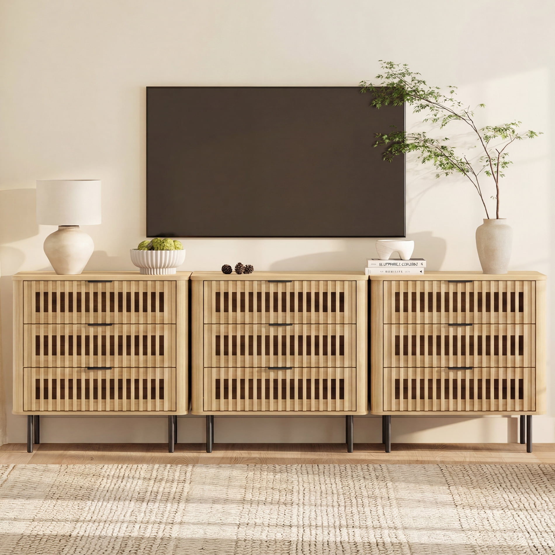 94.5"W Sideboard Buffet Cabinet with Storage, Fluted Kitchen Buffet Storage Cabinet with 9 Drawer, Large Coffee Bar Cabinet, Modern Buffet Table for Dining Living Room, Oak