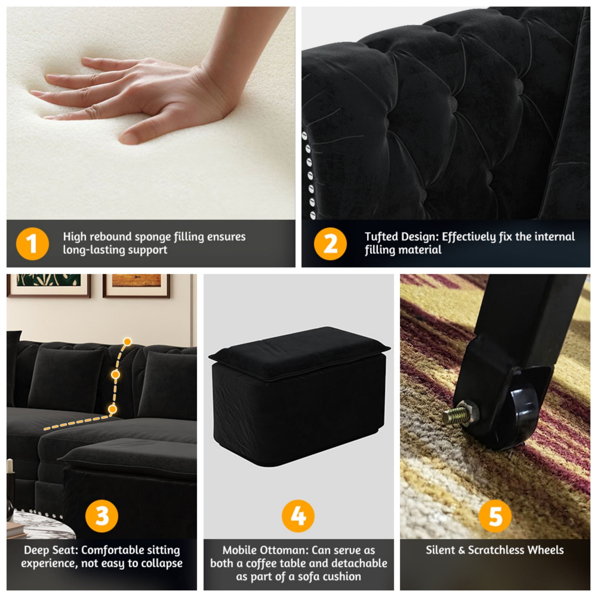 DEALTOPS 89" Velvet King Size Pull-Out Sofa Bed, 3-in-1 Convertible Sleeper Sofa with Ottoman & 4 Pillows, Black