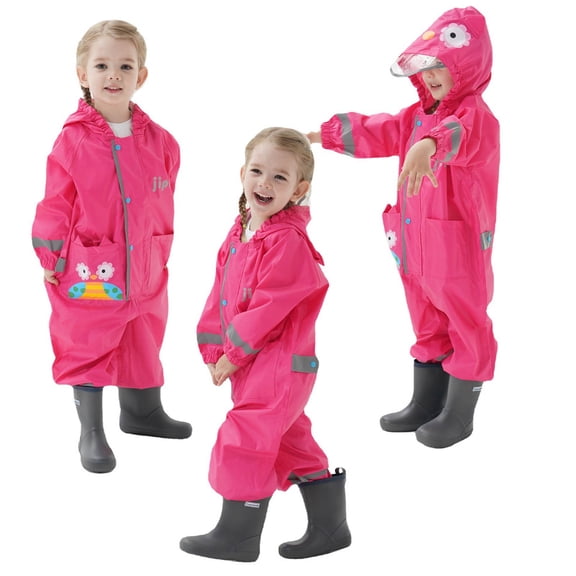 Bobifish Big Boys Girls One Piece Rain Suit Hooded Cartoon Patch Snap Front Reflective Strip Elastic Full Body Waterproof Boys Girls Rain Wear