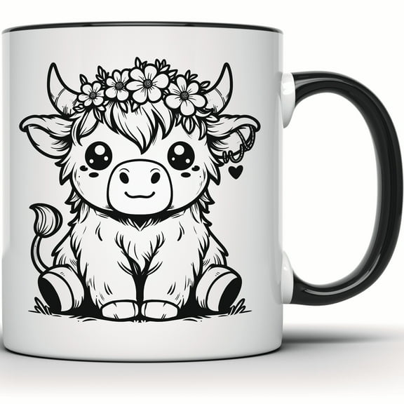 Highland Cow Mug, Cute Flower Crown Cow Gift, Cow Lover Farm Animal Mug, Funny Floral Cow Mug, Animal Lover Gift - 11 Ounce Black Rim Handle Novelty Coffee Cup - WMUG1012-BLK