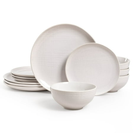 Famiware Moonlight Plates and Bowls Sets, 12 Piece Stoneware Dinnerware Set with Linen Finish, White