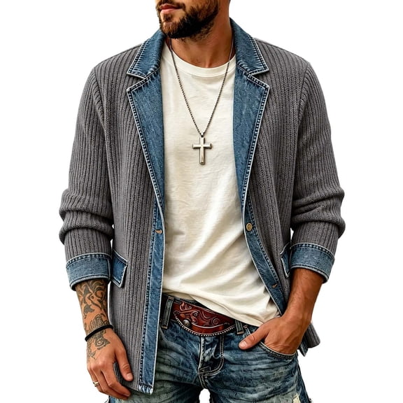 KeShDi Denim Jacket for Men Knit Patchwork Jean Coat with Pockets One Button Color Block Casual Trucker Jacket Gray M
