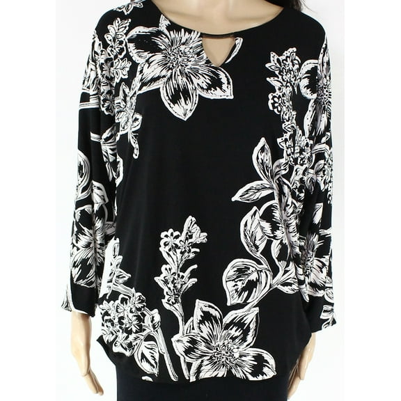 JM Collection Women's 3/4 Sleeve Black Floral V-Neck Stretch Size M