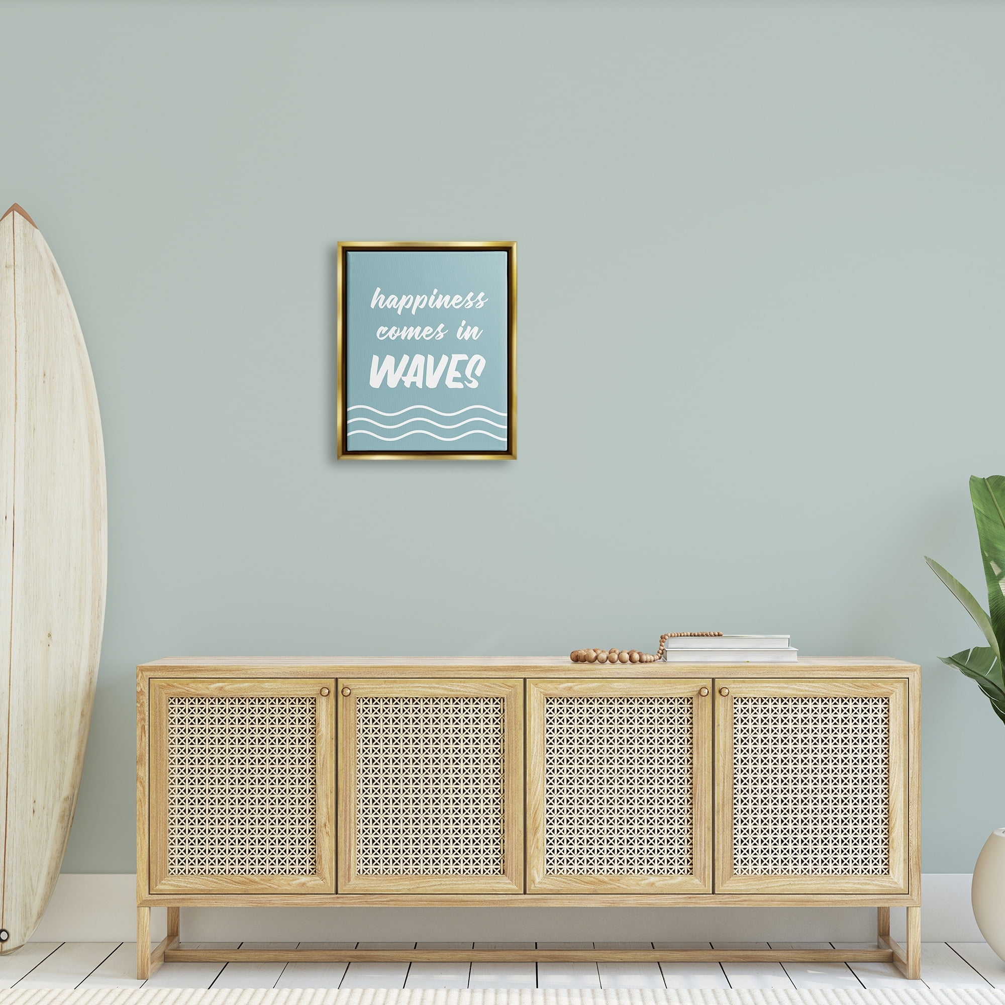 Stupell Industries Happiness Beach Water Waves Uplifting Cursive Phrase Graphic Art Metallic Gold Floating Framed Canvas Print Wall Art, Design by Lettered and Lined