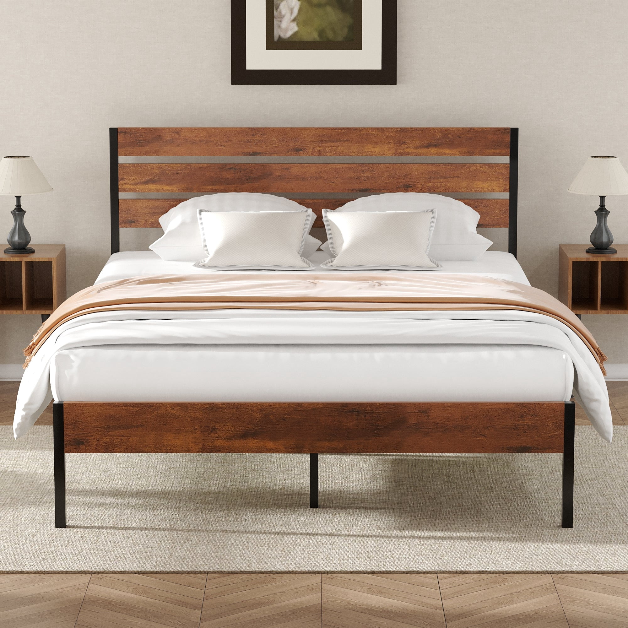 Katkuca Full Size Metal Bed Frame, Industrial Platform Bed with Wood Headboard and Footboard, Heavy-Duty Metal Mattress Foundation, Easy Assembly, No Box Spring Needed, Rustic Brown