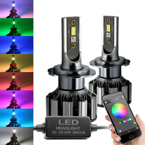 2pcs H7 RGB LED Multicolor Phone Bluetooth Control Headlight Fog Light DRL Bulb