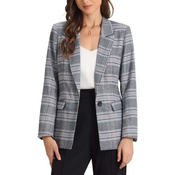 BLAZERS CHIC PARA MUJERES INSPIRE Con Solapa Notch de Manga Larga y Un Botón, Blazer de Cuadros Gris S