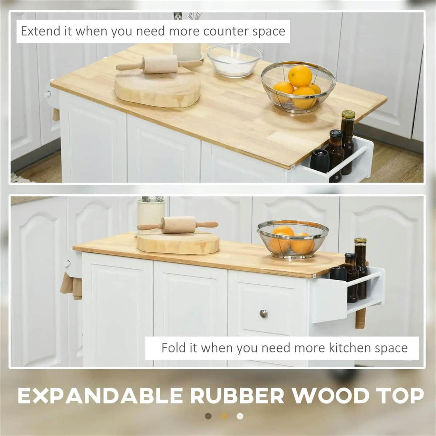 Demi Bonn 45" Kitchen Island with Drop Leaf, 3-Drawer Storage, Spice Rack, Towel Holder, Modern Rolling Cart for Kitchens, White